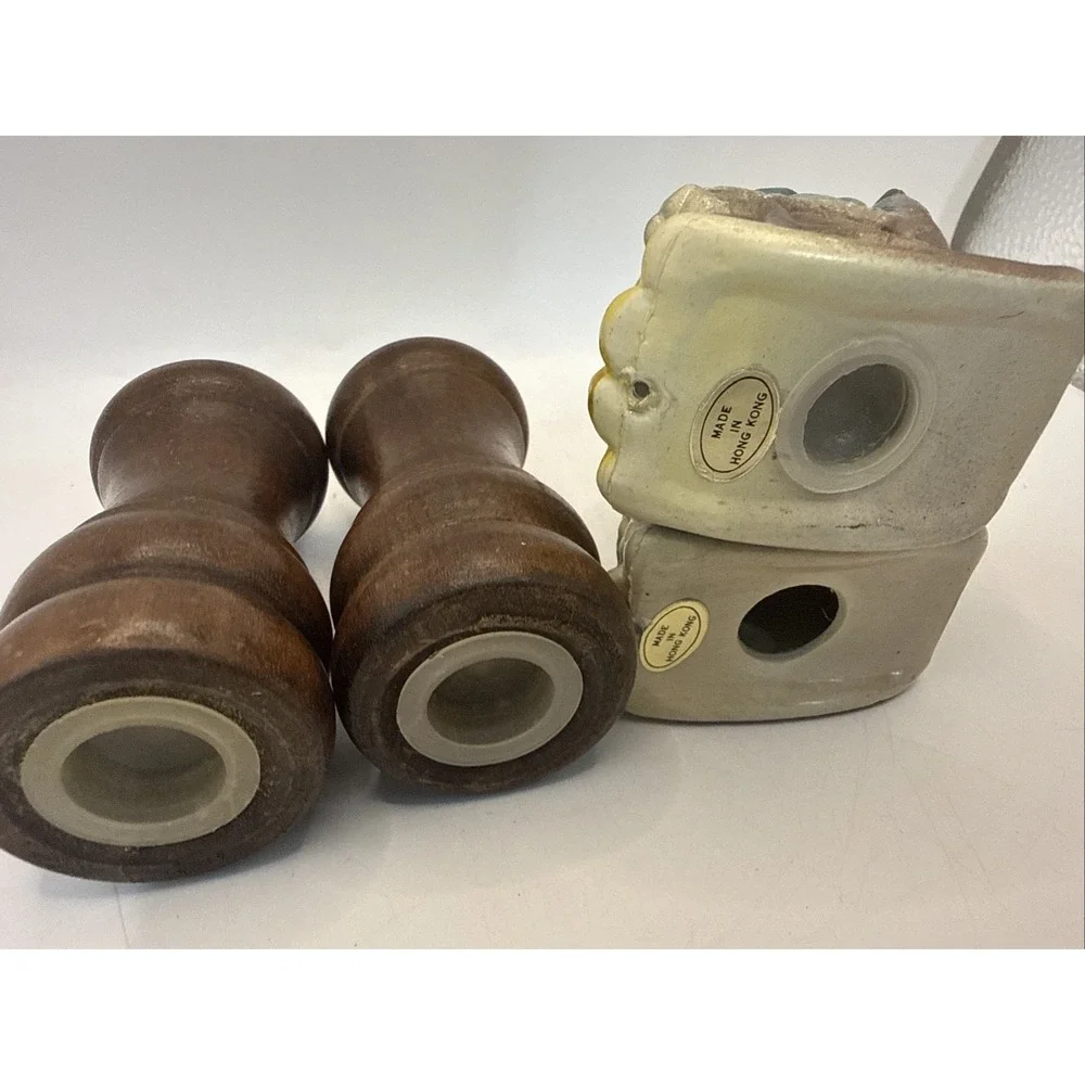 Vintage Salt And Peer Shakers Lot Of 2 Wooden Set; Grandma Grandpa Hong Kong Set